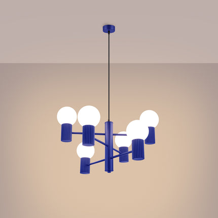 Lustre Halo 6 globes bleu outremer, lumière allumée