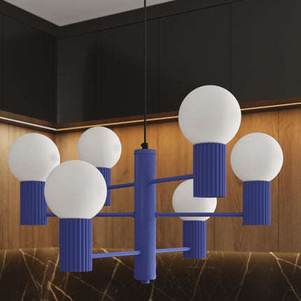 Lustre Halo 6 globes bleu outremer, intérieur contemporain