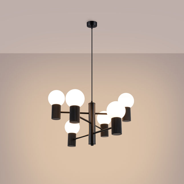 Lustre Halo 6 globes noir, lumière allumée