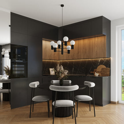 Lustre Halo 6 globes noir, au-dessus d'un plan de travail