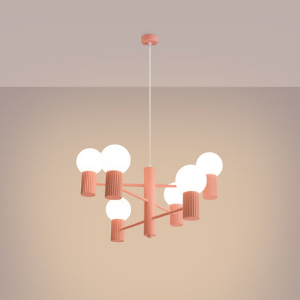 Lustre Halo 6 Globes en Aluminium et Verre Opalin Pêche, lumière allumée