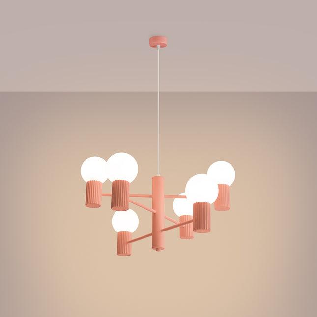 Lustre Halo 6 Globes en Aluminium et Verre Opalin Pêche, lumière allumée