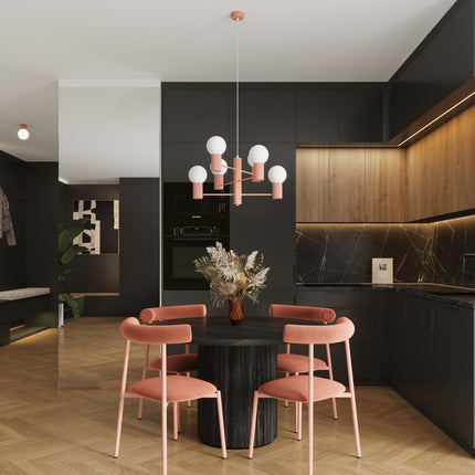 Lustre Halo 6 Globes en Aluminium et Verre Opalin Pêche, mise en situation