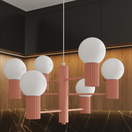 Lustre Halo 6 Globes en Aluminium et Verre Opalin Pêche, mise en situation 3