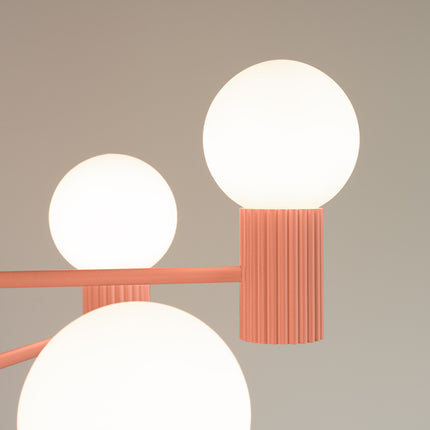 Lustre Halo 6 Globes en Aluminium et Verre Opalin Pêche, vue de détail