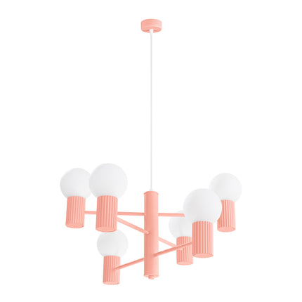Lustre Halo 6 Globes en Aluminium et Verre Opalin Pêche, packshot sur fond blanc