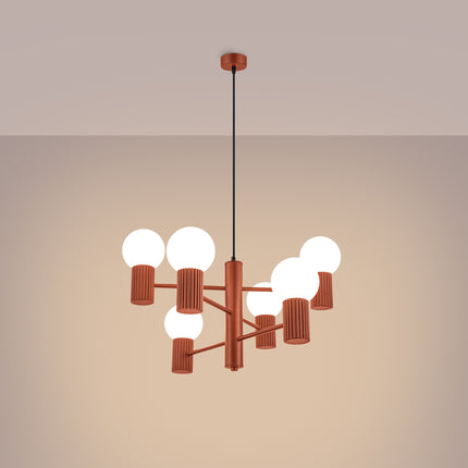 Lustre Halo 6 globes rouge ocre, lumière allumée