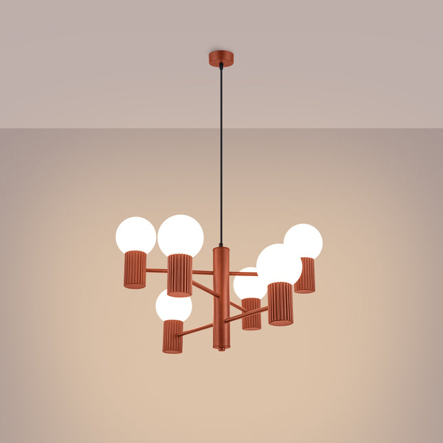 Lustre Halo 6 globes rouge ocre, lumière allumée