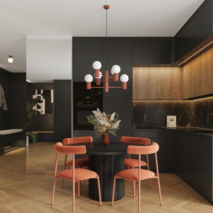 Lustre Halo 6 globes rouge ocre, vue d'ambiance