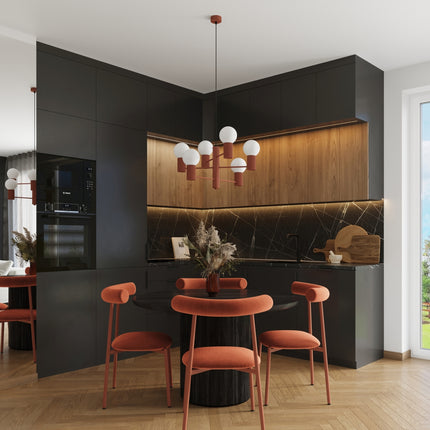 Lustre Halo 6 globes rouge ocre, au-dessus d'un plan de travail