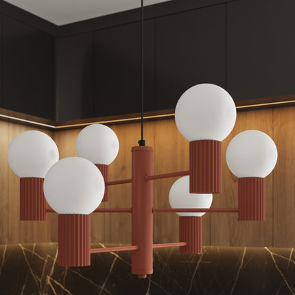 Lustre Halo 6 globes rouge ocre, intérieur contemporain