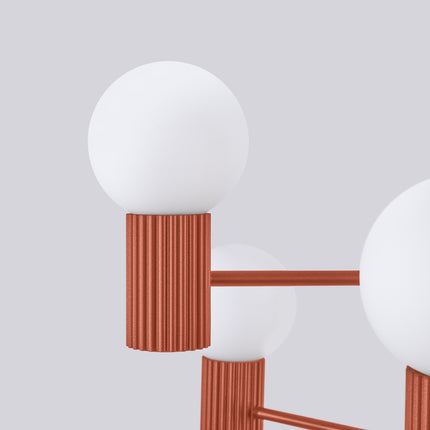 Lustre Halo 6 globes rouge ocre, packshot de trois quarts