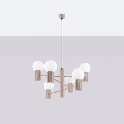 Lustre Halo 6 Globes en Aluminium et Verre Opalin Taupe, vue en situation