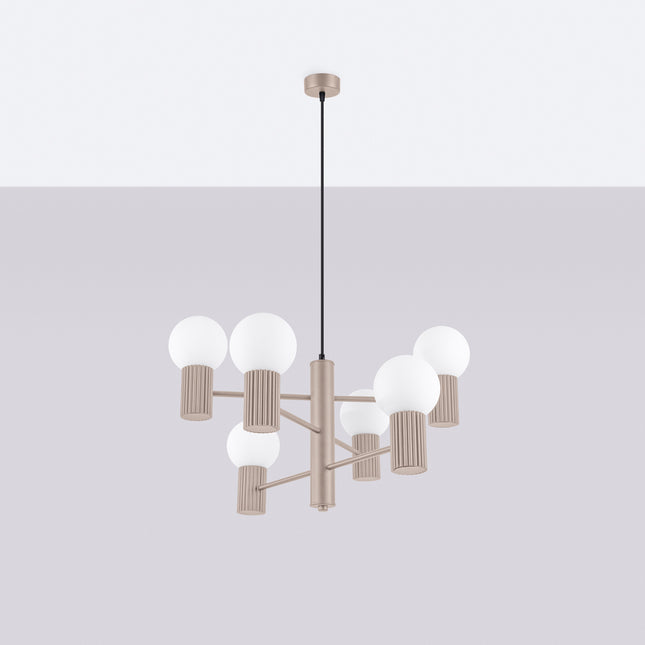 Lustre Halo 6 Globes en Aluminium et Verre Opalin Taupe, vue en situation