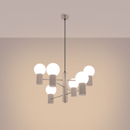 Lustre Halo 6 Globes en Aluminium et Verre Opalin Taupe, lumière allumée