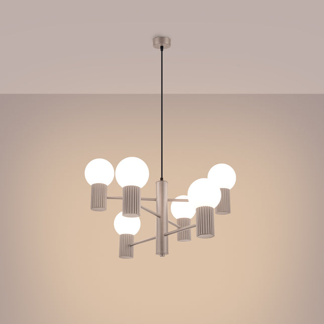 Lustre Halo 6 Globes en Aluminium et Verre Opalin Taupe, lumière allumée