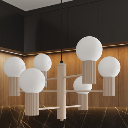 Lustre Halo 6 Globes en Aluminium et Verre Opalin Taupe, mise en situation 3