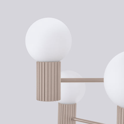 Lustre Halo 6 Globes en Aluminium et Verre Opalin Taupe, packshot de trois quarts