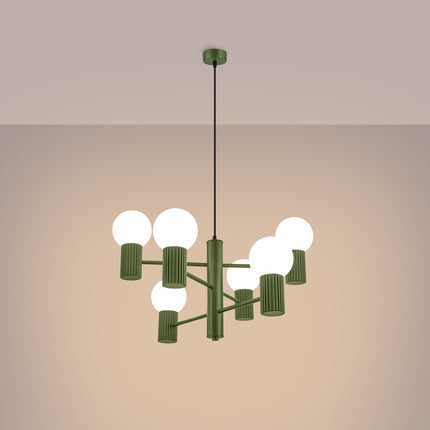 Lustre Halo 6 globes vert olive, lumière allumée