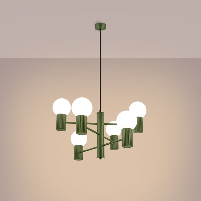 Lustre Halo 6 globes vert olive, lumière allumée