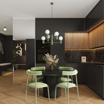 Lustre Halo 6 globes vert olive, vue d'ambiance