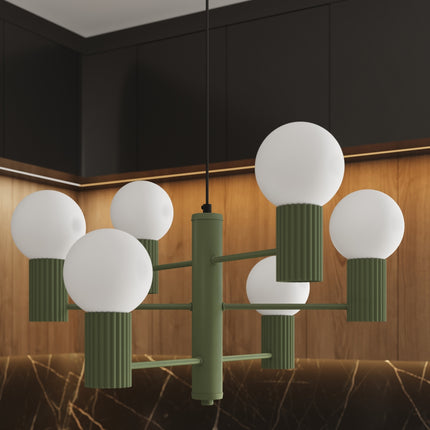 Lustre Halo 6 globes vert olive, intérieur contemporain