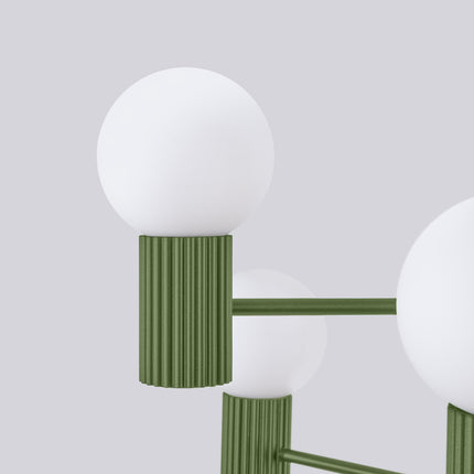 Lustre Halo 6 globes vert olive, packshot de trois quarts