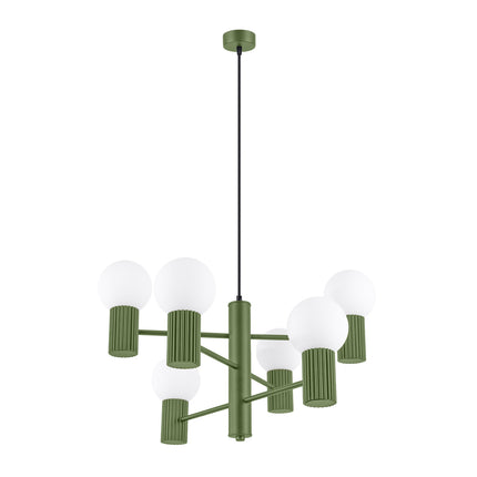 Lustre Halo 6 globes vert olive, packshot sur fond blanc