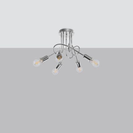 Lustre Loop Moderne 5 Chromé, vue de face avec son point d'accroche