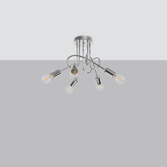 Lustre Loop Moderne 5 Chromé, vue de face avec son point d'accroche