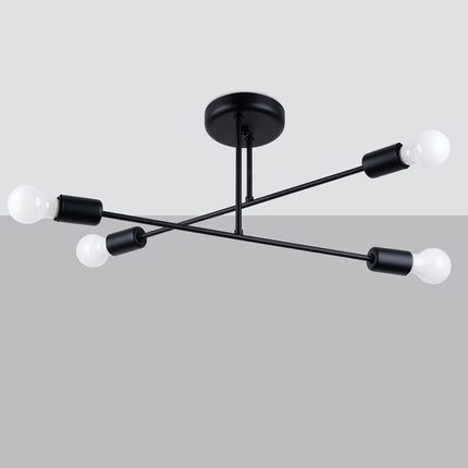 Lustre Lumea 4 bras noir allumé sur fond gris dégradé