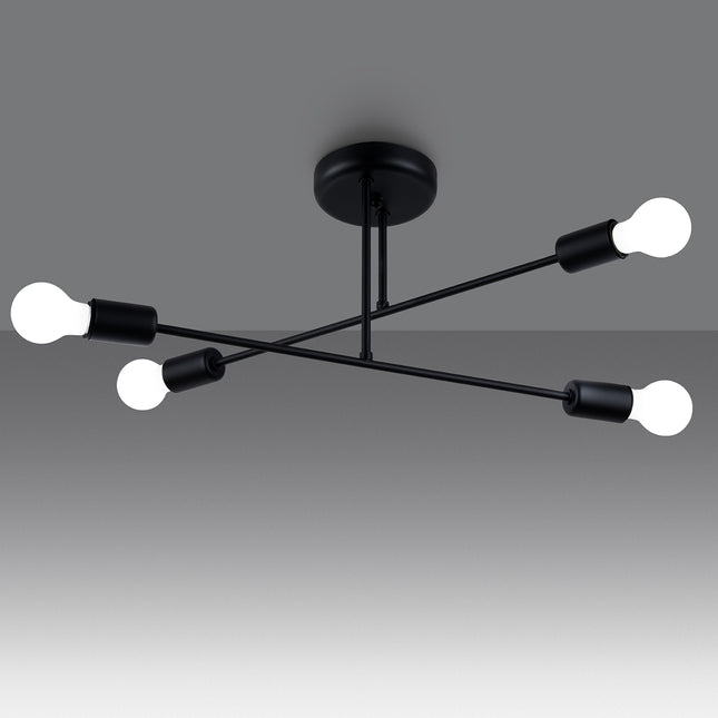 Lustre Lumea 4 bras noir allumé sur fond gris foncé