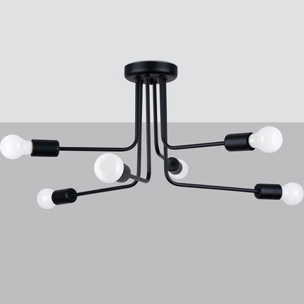 Lustre Lumea 6 bras noir allumé sur fond gris dégradé