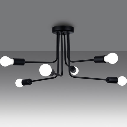 Lustre Lumea 6 bras noir allumé sur fond gris foncé