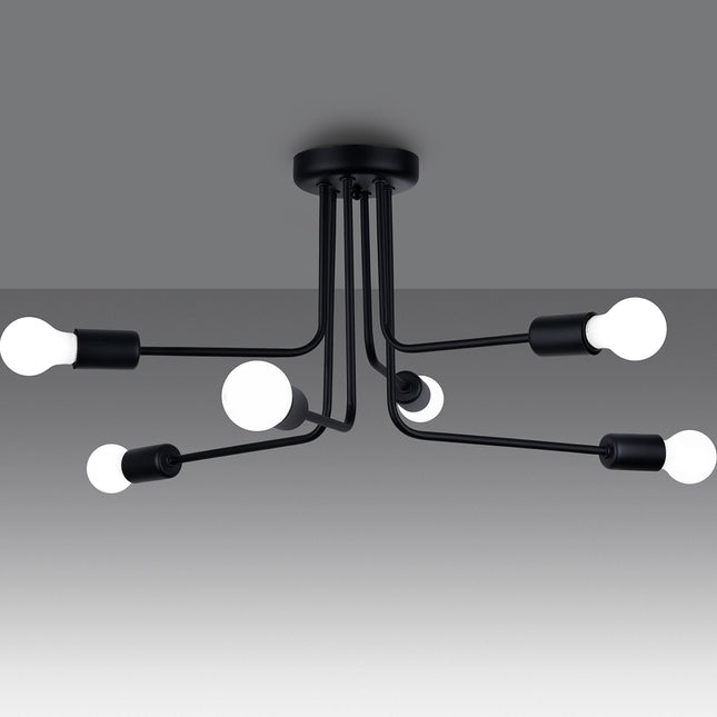 Lustre Lumea 6 bras noir allumé sur fond gris foncé