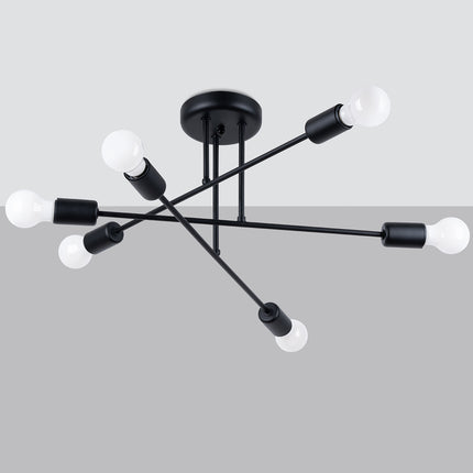 Lustre Lumea 6R noir allumé en étoile croisée sur fond gris