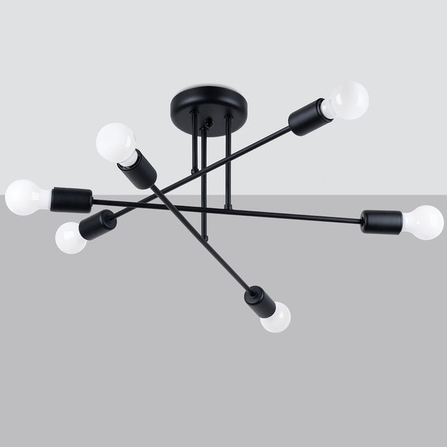 Lustre Lumea 6R noir allumé en étoile croisée sur fond gris
