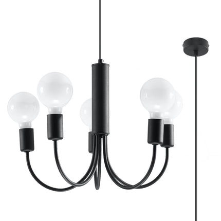 Lustre 5 bras en acier laqué noir suspendu, packshot sur fond clair