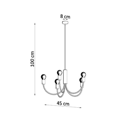Schéma des dimensions du lustre 5 bras : diamètre 45 cm et hauteur 100 cm