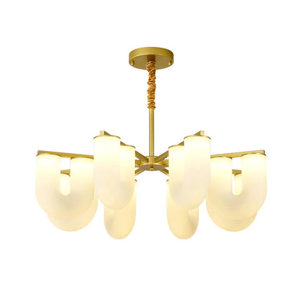 Lustre nordique forme U à structure dorée et diffuseurs opalins blancs sur fond clair