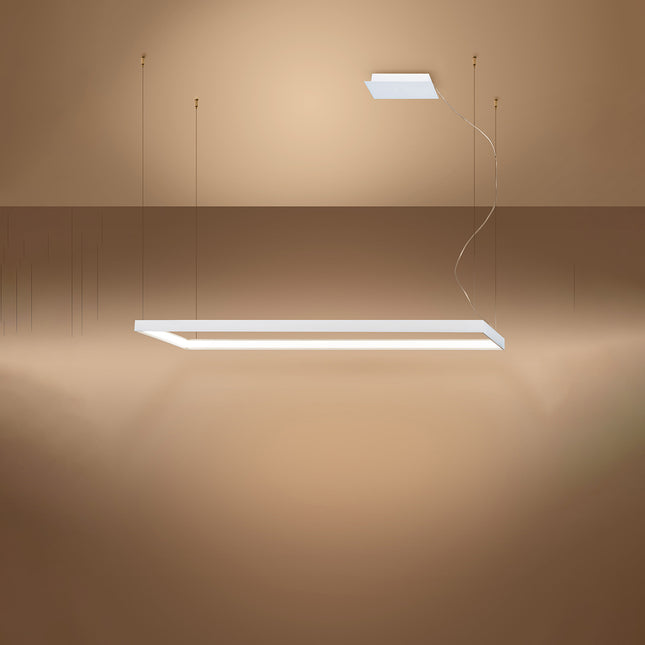 Lustre rectangulaire blanc Rectangle Pure allumé, halo blanc chaud diffusé sur le pourtour
