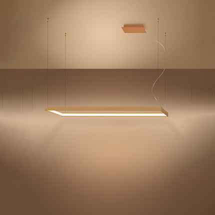 Lustre rectangulaire doré Rectangle Pure allumé, halo blanc chaud diffusé sur le pourtour