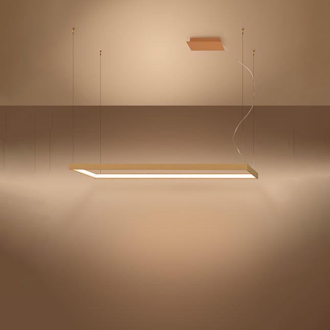 Lustre rectangulaire doré Rectangle Pure allumé, halo blanc chaud diffusé sur le pourtour