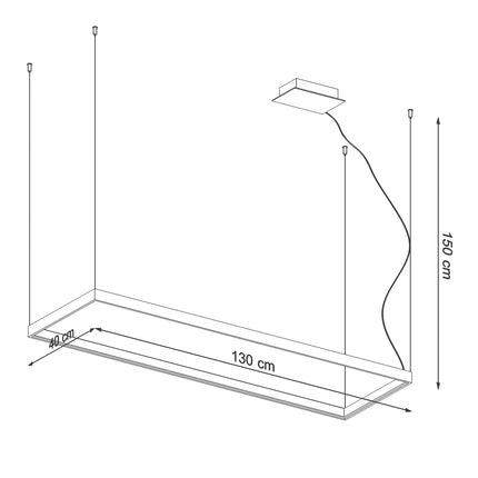 Schéma des dimensions du lustre Rectangle Pure L : 130 x 40 cm, hauteur 150 cm