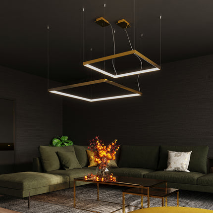 Lustres rectangulaires Rectangle Pure suspendus au-dessus d'un salon contemporain