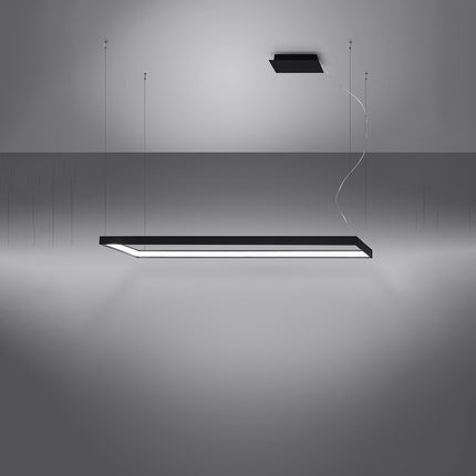Lustre rectangulaire noir Rectangle Pure allumé, halo blanc neutre diffusé sur le pourtour
