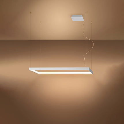 Lustre rectangulaire blanc Rectangle Pure allumé, halo blanc chaud diffusé sur le pourtour