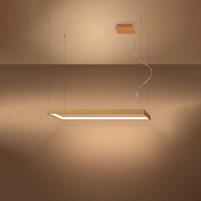 Lustre rectangulaire doré Rectangle Pure allumé, halo blanc chaud diffusé sur le pourtour