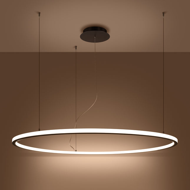 Lustre Ring Éclat 120 cm noir allumé, halo continu 3000K par la face inférieure de l'anneau
