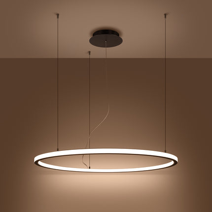Lustre Ring Éclat 90 cm noir allumé, halo continu 3000K par la face inférieure de l'anneau